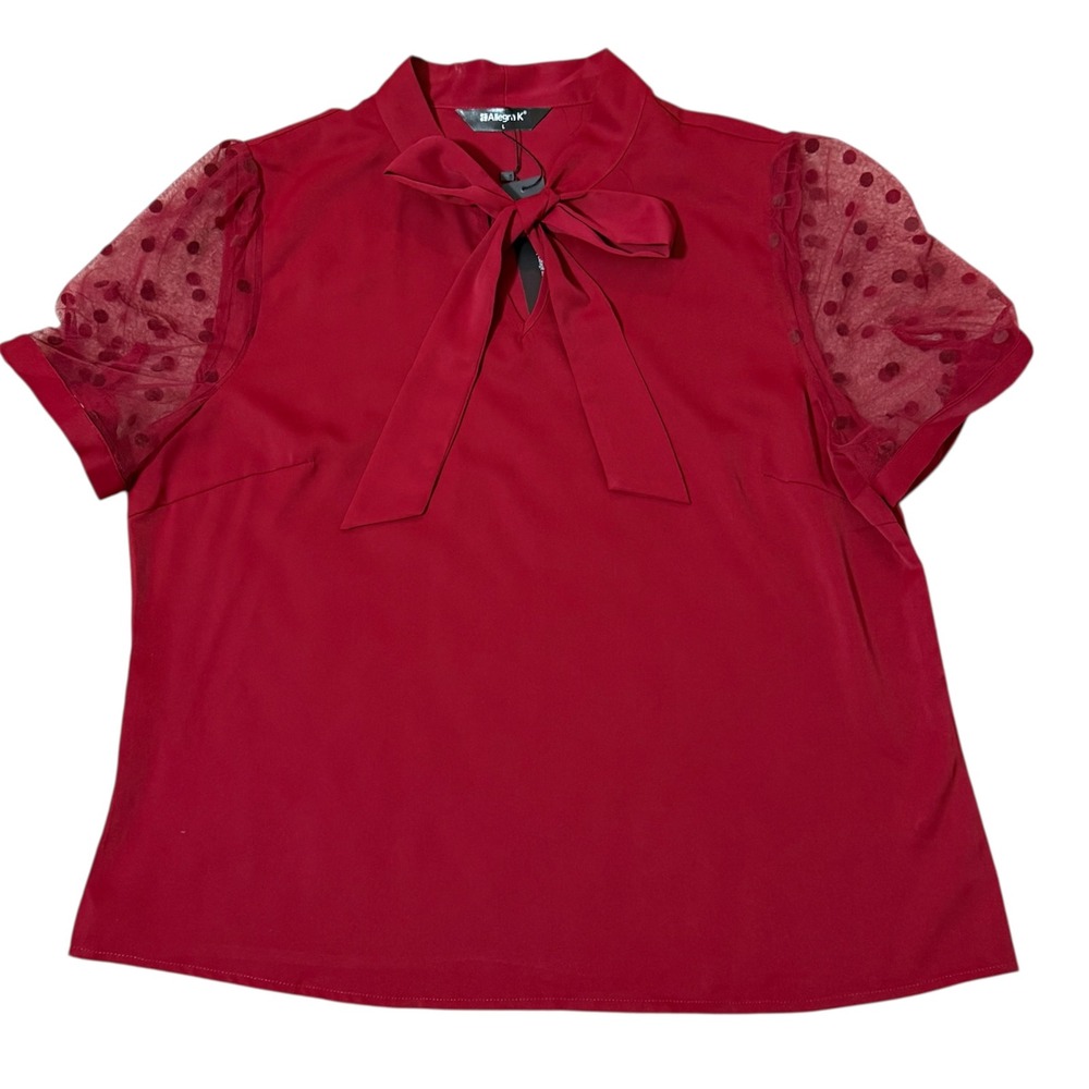 Allegra K Womens Large Burgundy Bow Tie Mock Collar Blouse Sheer Dot‎ Sleeve NEW